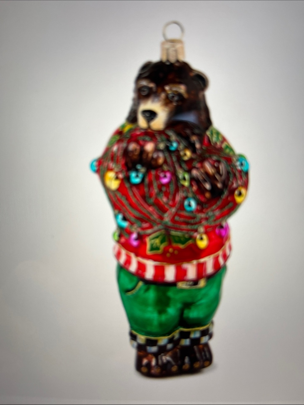 MacKenzie-Childs Festive Bear Ornament in Red, Green & Black!  New in box!